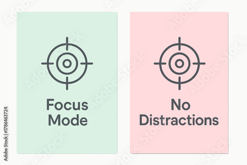 Focus Mode Banners. Focus. Two vertical A6 banners with safe margins, centered composition, no elements touching edges, minimal, pastel mint and pink, focus