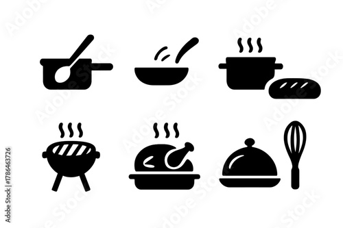 Cooking Techniques Icons. Cooking techniques. Filled icon set of cooking techniques: stir, saute, boil, bake,