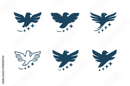Aquila Constellation Logos. Aquila constellation. Set Logo of Aquila constellation: eagle with star trail. harmonious logo variations of the same emblematic