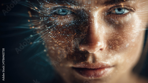 Modern portrait of person with transparent face blending human skin and data flow, symbol of hybrid creativity and technology