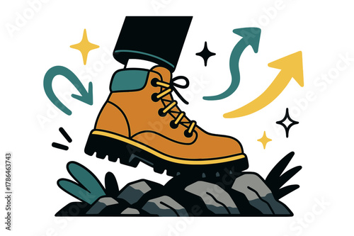 Adventure Ready Boots. Boot. Hiking boots on rocky trail with abstract floating arrows, stars, and sparkles; conveys adventure, durability, and outdoor