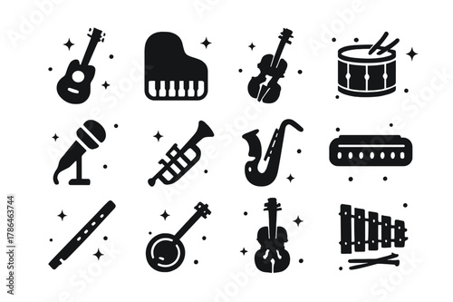 Black Music Icons. music instruments. Solid icons set of music instruments: guitar, piano, violin, drum, microphone, trumpet, saxophone, harmonica, flute,
