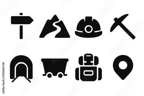 Mining Heritage Icons. Mining heritage trails. Filled icon set of mining heritage trails: signpost, mountain