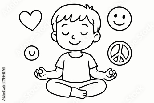 Kids' Peaceful Meditation. Meditation and emotions children?s coloring book illustration, outlined drawing, a child sitting calmly surrounded by heart, smile,