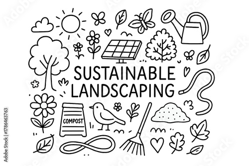 Sustainable Landscaping Doodle. Sustainable Landscaping. Hand-drawn doodle illustration of Sustainable