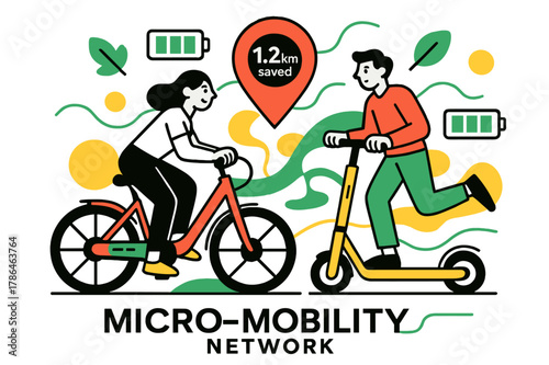 Micro-Mobility Network Illustration. Micro-Mobility Network. E-bikes and scooters glide in clean lanes; a map pin reads ?. km saved.? Battery bars and leaf