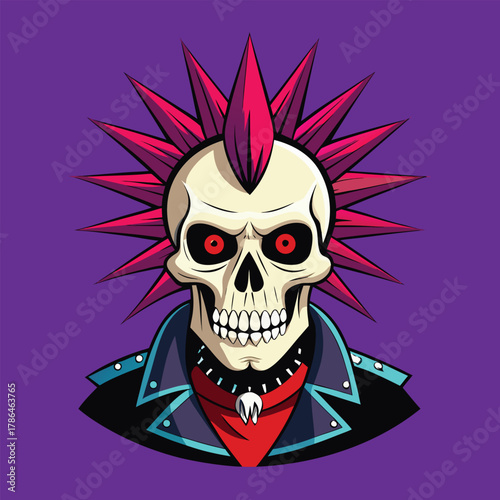 Punk rock skull with spiky pink mohawk and red eyes