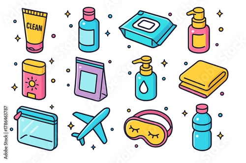 Travel Skincare Essentials. Travel skincare hygiene. Colorful isometric vector icons set of Travel skincare hygiene: mini cleanser tube, travel-sized toner,