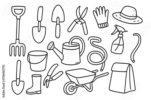 Garden Tool Doodle. Garden tools. Hand-drawn doodle illustration garden tools rake, shovel, trowel, pruning shears, gloves, watering can, bucket, spade, spray