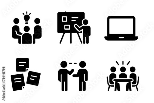 Writers' Room Icons. Writers? room. Filled icon set of writers? room: brainstorming team, whiteboard notes,
