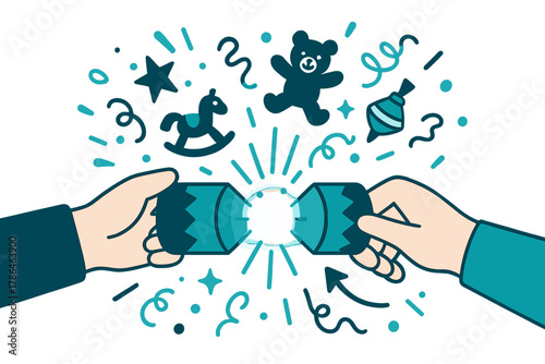 Festive Surprise Unveiled. Gift reveal. Hands pulling a glowing festive cracker, with floating confetti, tiny