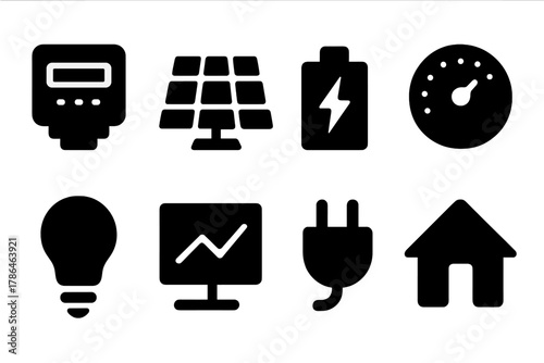 Home Energy Icons. Home Energy Management. Filled icon set of Home Energy Management: smart meter, solar panel
