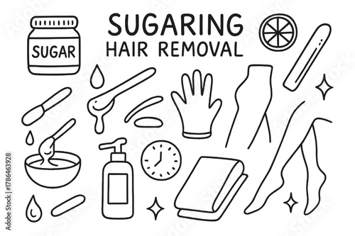 Sugaring Essentials Icons. Sugaring hair removal. Hand-drawn doodle illustration Sugaring hair removal sugar jar, wooden stick, droplet, lemon slice, bowl,