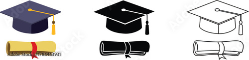 Graduation cap with diploma Icon set color, line art, shaded, and silhouette versions vector Illustration.