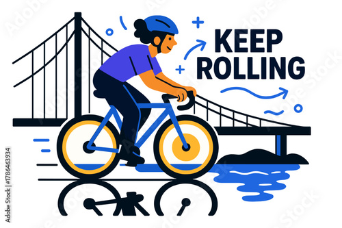 Cyclist on Bridge. Cyclist on a bridge. Wheels carve twin halos as the sun sits low behind cables; ?Keep rolling? floats on the breeze. Water below mirrors the