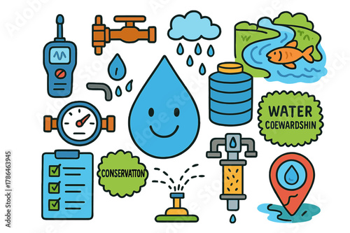 Water Stewardship Doodles. Water stewardship. Colorful Hand-drawn doodle Children illustration Water stewardship water droplet, meter gauge, leak detector,