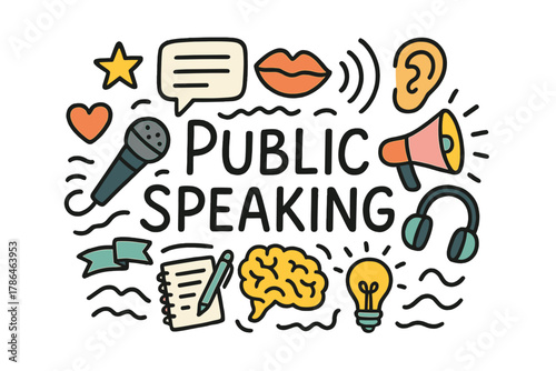 Public Speaking Doodle. Public speaking. Hand-drawn doodle illustration of public speaking. Microphone, speech