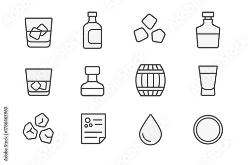 Whiskey Icon Collection. Whiskey. Line icon set of Whiskey: whiskey glass, bottle, ice cubes, decanter, tumbler, cork stopper, oak barrel, shot glass, rocks,