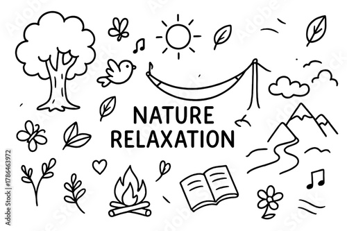 Nature Doodle Relaxation. Nature relaxation. Hand-drawn doodle illustration nature relaxation tree, river, mountain, hammock, sun, clouds, leaves, bird,