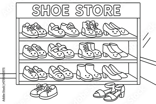 Smiling Shoes Coloring Fun. Shoe store children?s coloring book illustration, outlined drawing, cartoon shop