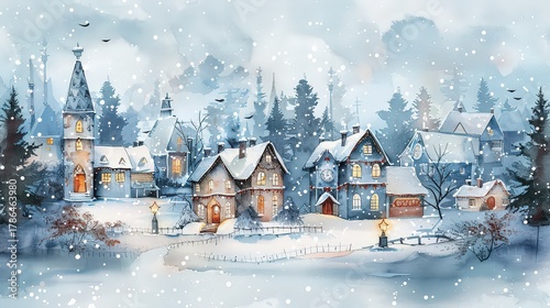 Illustration of a winter village with a snowy landscape. Ideal for holiday greeting cards.