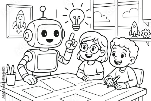 Creative Robot Coloring. AI helping inventors children?s coloring book illustration, outlined drawing,