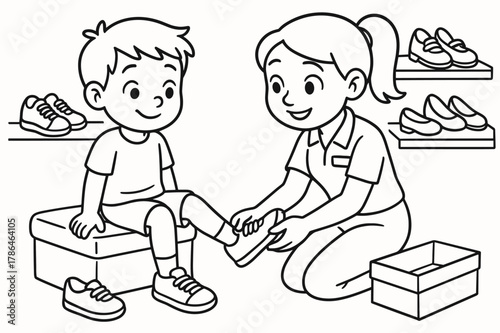 Shoe Fitting Fun. Shoe fitting children?s coloring book illustration, outlined drawing, child trying on shoes