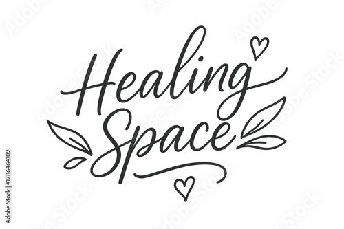 Healing Space Lettering. Healing Space ? brush script hand-lettering with fluid semi-cursive strokes, thin connectors, soft brush flicks;