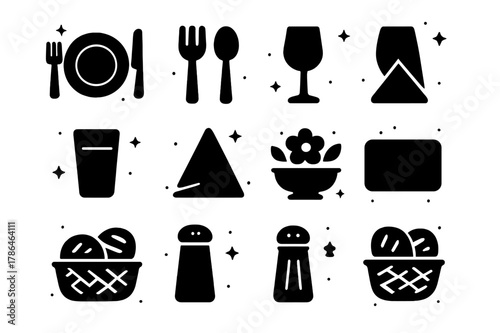 Dining Table Icons. Dining Table Decor. Solid icons set of Dining Table Decor: plate, fork, knife, spoon, wine glass, water glass, napkin, centerpiece,