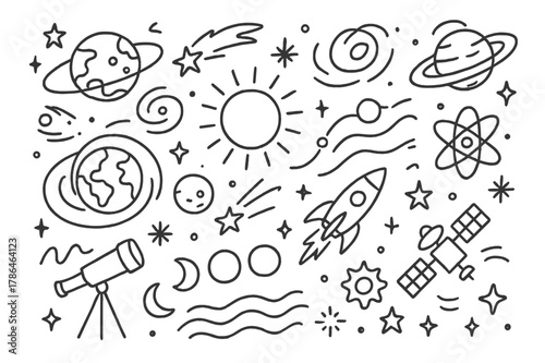 Cosmic Motions Doodle. Planets and cosmic motion. Hand-drawn doodle illustration Planets and cosmic motion orbit lines, planet rings, sun, comet, shooting