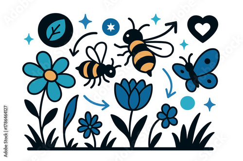 Pollinators and Icons. Ecology. Pollinator insects visiting flowers in meadow with abstract floating icons, arrows, and sparkles; emphasizes biodiversity,
