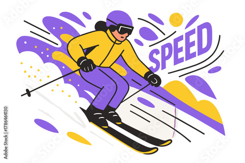 Dynamic Skiing Pose. Skiing Down a Slope. Powder arcs as the skier leans into a sweeping turn; snow crystals hang in the air like confetti. A bold ?SPEED? tag