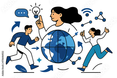 Digital Harmony. Digital world. Connecting minds, global network, innovative solutions. Modern flat vector scene with expressive, stylized characters in