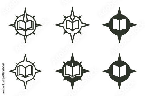 Knowledge Compass Logos. Knowledge. Set Logo of Knowledge: Compass. harmonious logo variations of the same emblematic concept, each with different artistic