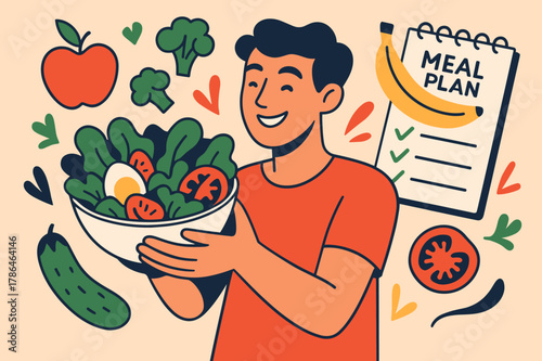 Vibrant Nutrition Journey. nutrition plan. A person holding a healthy salad, surrounded by floating fruits and vegetables, a notebook with a meal plan in the