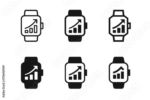 Sports Tracking Logos. Sports performance tracking. Set Logo of Sports performance tracking: smartwatch face with rising chart. harmonious logo variations of