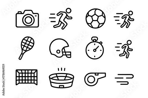 Dynamic Sports Icons. Dynamic sports photography. Line icon set of dynamic sports photography: camera, athlete running, soccer ball, basketball, tennis racket,