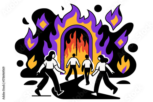 Journey to Fiery Gates. Figures Walking Towards Fiery Gates. Path leading to massive fiery gates with people walking and floating abstract geometric flames,
