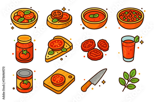 Tomato Creations Icons. Tomato-based kitchen creations. Colorful isometric vector icons set of Tomato-based kitchen creations: fresh tomato salad, bruschetta,