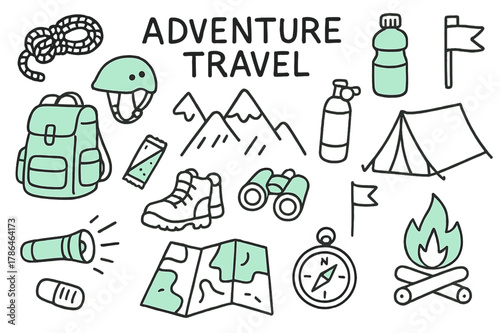 Adventure Gear Highlights. // Adventure travel. Hand-drawn doodle illustration Adventure travel [backpack (accented), rope, helmet, mountain peak (accented),