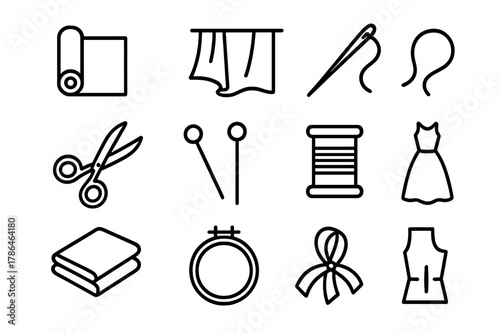 Organza Craft Icon Set. Organza material. Line icon set of organza material: fabric roll, sheer cloth, sewing needle, thread, scissors, pin, spool of thread,