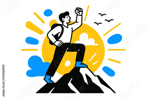 Triumphant Mountain Ascent. person overcoming obstacles, a determined individual standing on a mountain peak, with a bold, abstract sunrise and a few, delicate