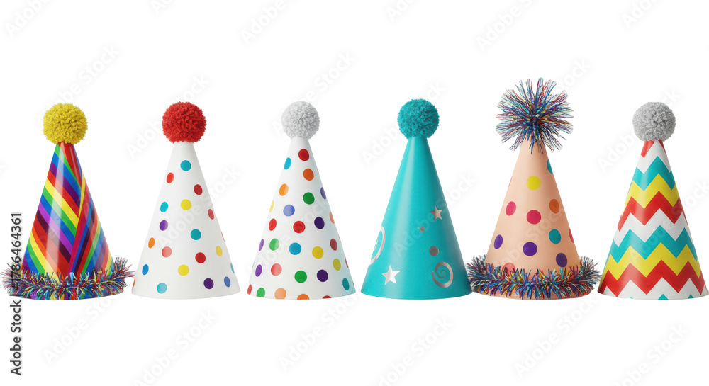 Obraz premium Six distinctive party hats with diverse designs (rainbow, polka dots, stars, geometric) and festive toppers, neatly arranged on a transparent background with copy space, celebratory party