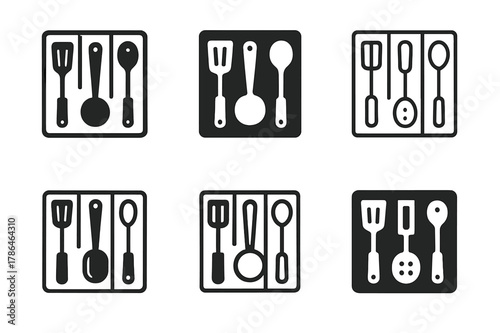 Kitchen Organizers Emblem. Using drawer organizers for kitchen gadgets. Set Logo of Using drawer organizers for kitchen gadgets: modular compartments with
