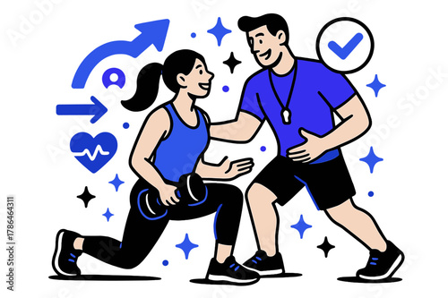 Dynamic Fitness Coaching. Fitness training and personal coaching. Personal trainer giving one-on-one fitness guidance with abstract floating icons, arrows, and