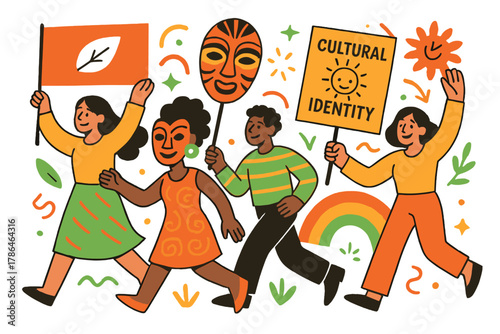 Cultural Parade Celebration. Celebration of cultural identity. Parade of artists holding banners, masks, and