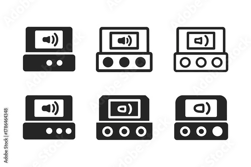 Home Theater Icons. Installing a new home theater sound system. Set Logo of Installing a new home theater sound system: receiver unit knobs. Icon