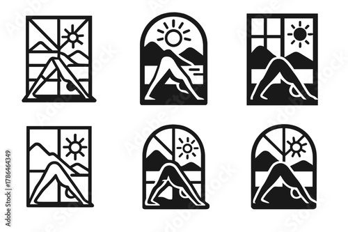 Yoga Emblem Variations. A person performing yoga poses in front of a window with a beautiful view. Icon set. Set Logo of yoga scene: downward dog silhouette