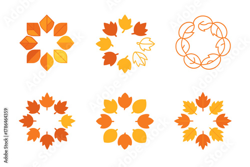 Autumn Leaves Logo Variations. A close-up of colorful autumn leaves, showing rich shades of red, orange, and yellow. Set Logo of Autumn leaves: circle of
