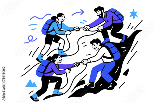 Teamwork in Hiking. Hiking group teamwork. Several hikers helping each other climb; rope connection and motion